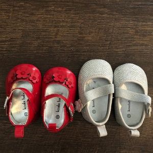 2 pairs of baby dress shoes; red and silver. Size0